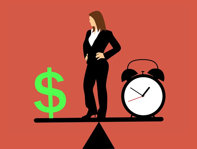 Business woman balances money with time